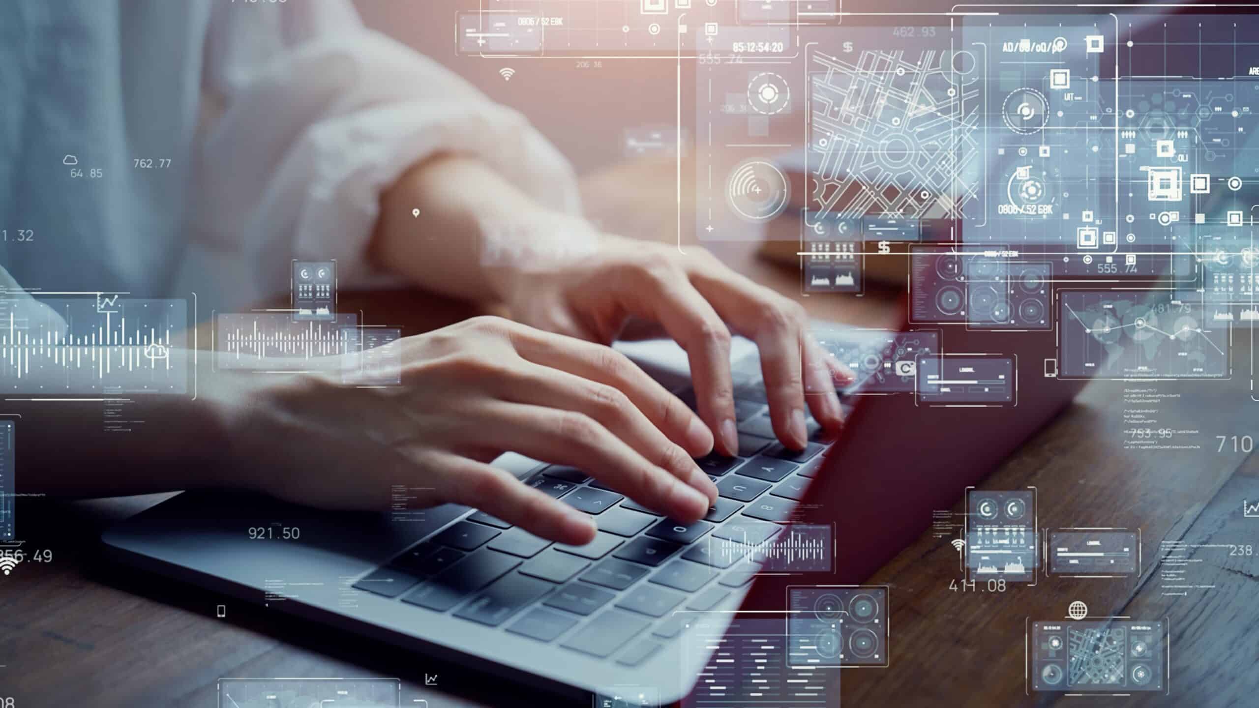 Business,And,Technology,Concept.,Woman,Typing,A,Keyboard.,Digital,Transformation.