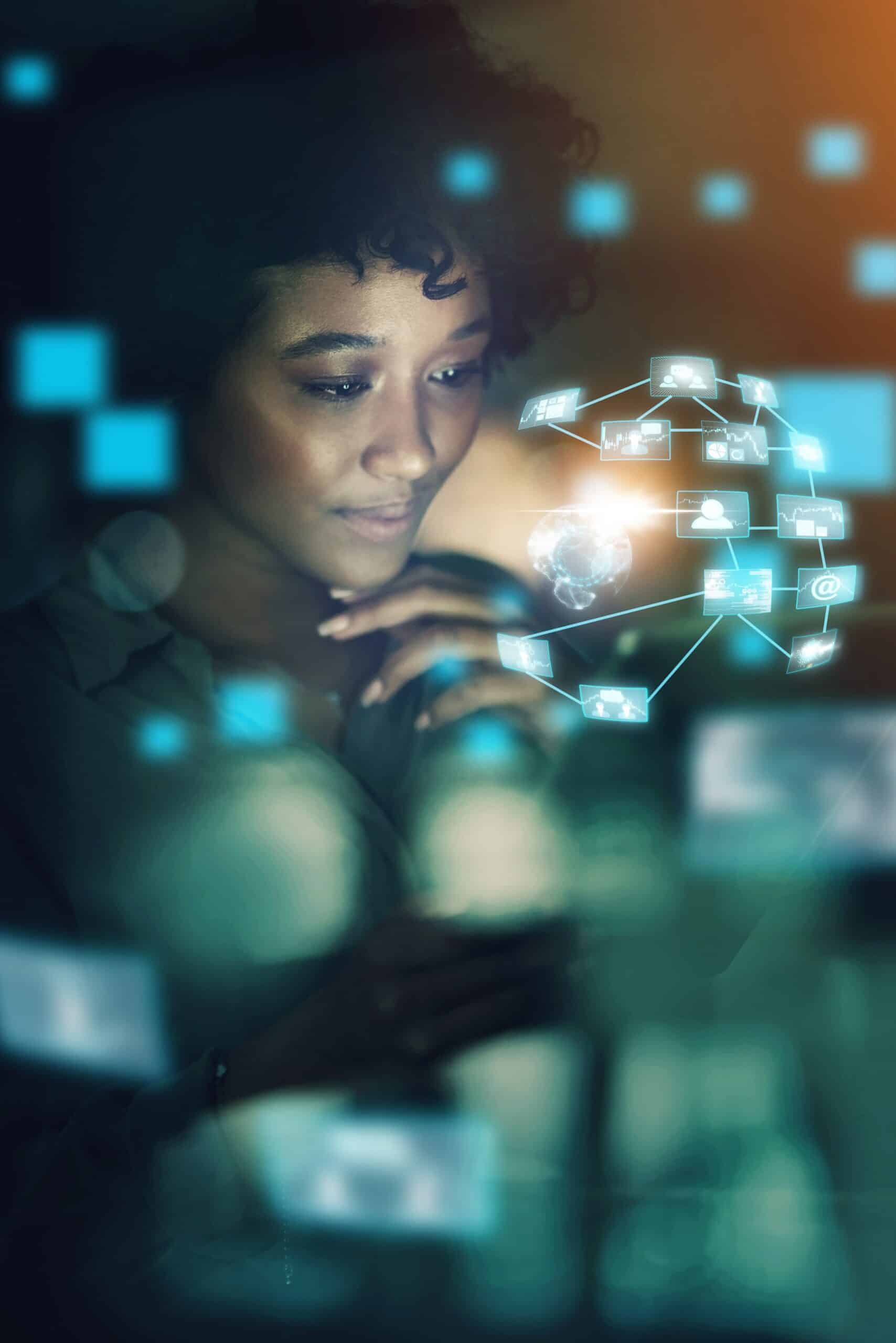 Woman,,Futuristic,Hologram,And,Ux,Technology,With,An,Abstract,Iot